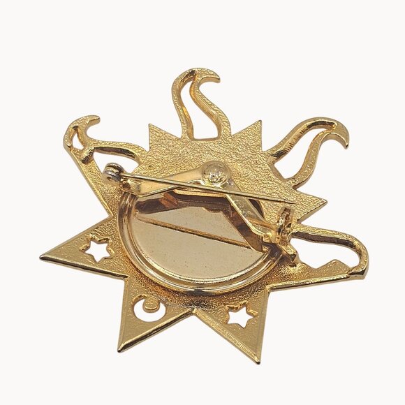 Gold-Toned Unique Sun/Moon Shiny Figural Statement Fashion Jewelry Brooch - Picture 7 of 9